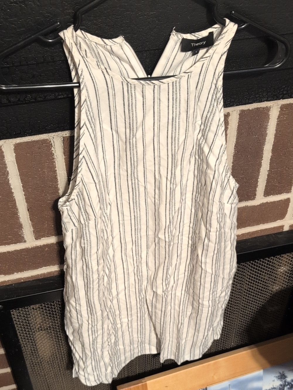 Theory White Tank Top with Navy Vertical Stripes